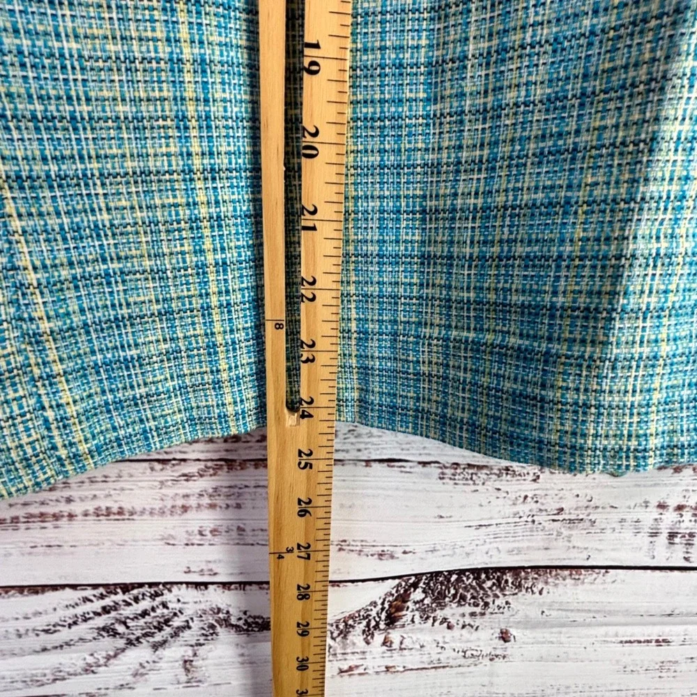 Vintage‎ Mod Coastal Grandmacore Tweed Jacket L Boxy Teal Blue Yellow Woven Poly